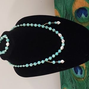 Turquoise necklace, bracelet/ earrings/ gold tone